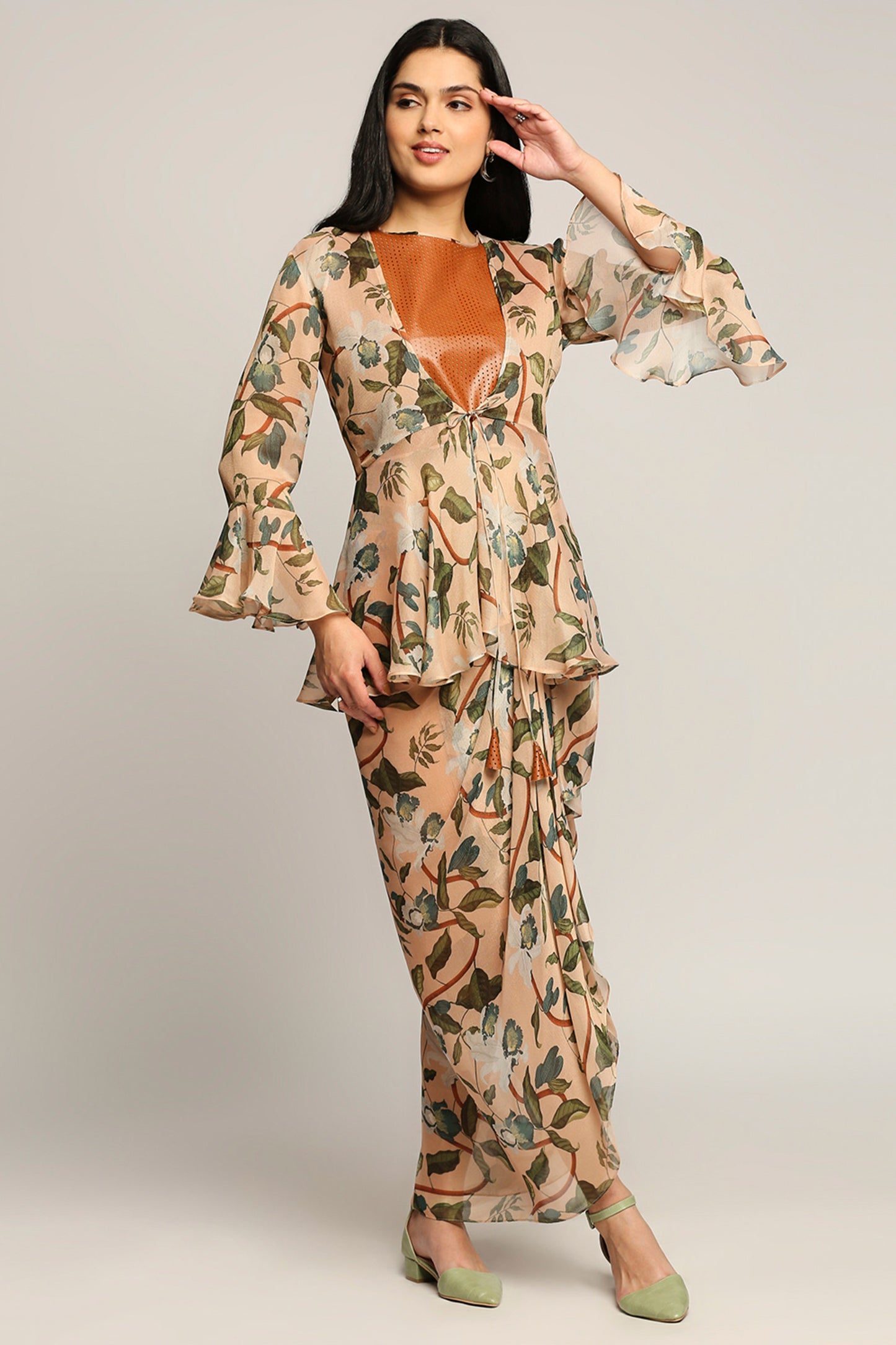Orchid bloom printed drape skirt set with jacket