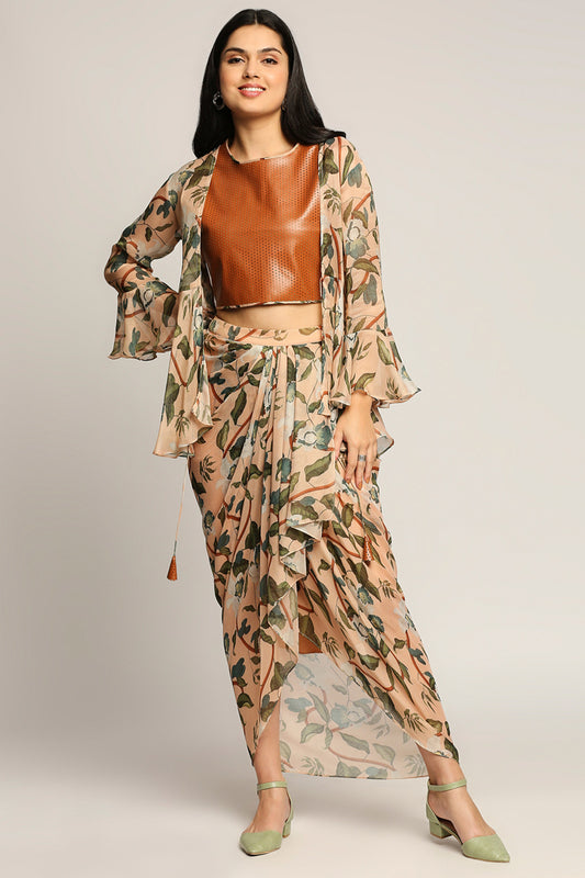 Orchid bloom printed drape skirt set with jacket
