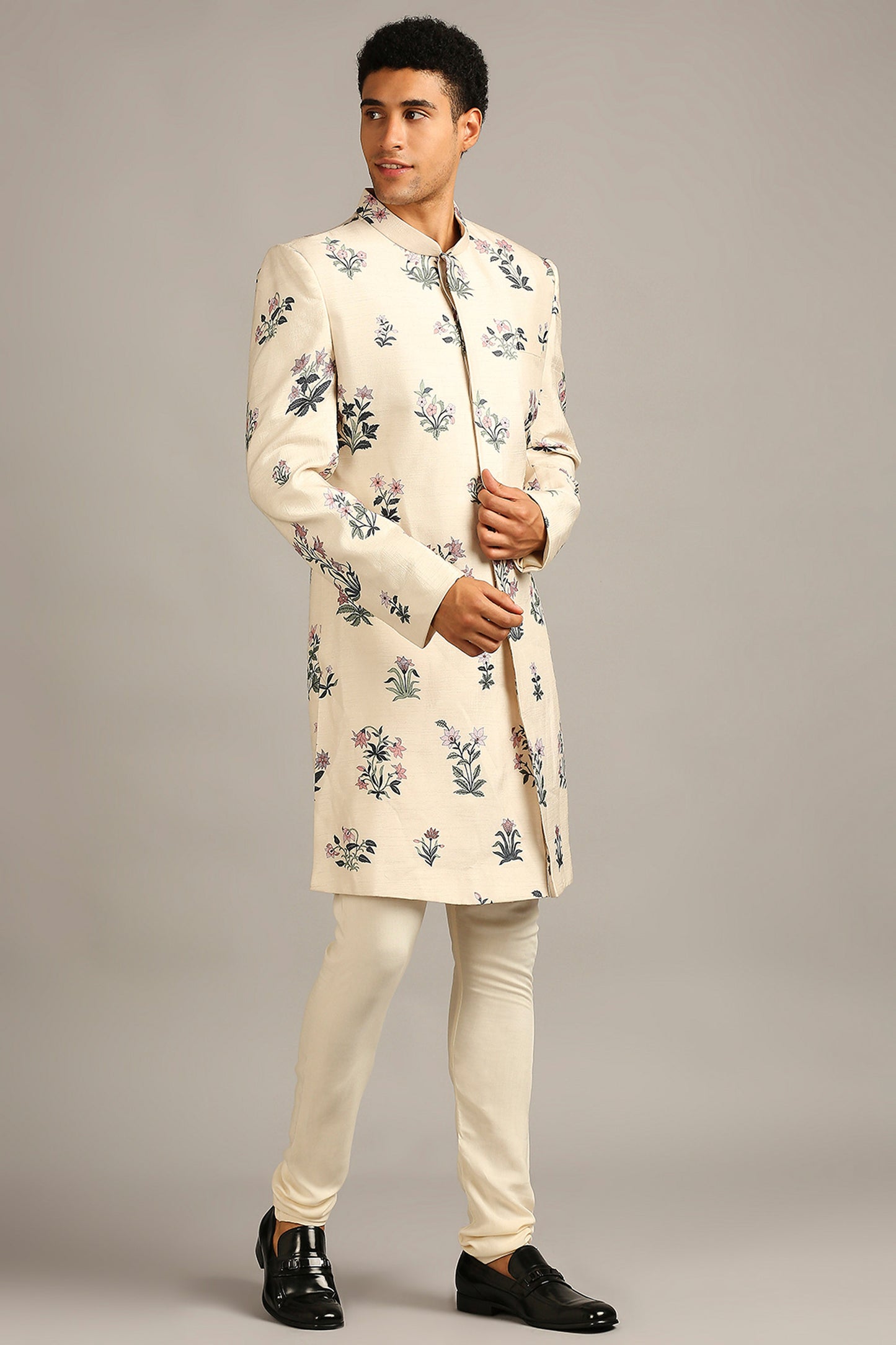 Beige Pastel floral printed sherwani set