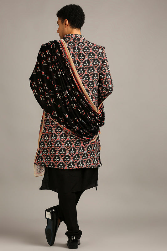 Black Ethnic folklore printed sherwani set