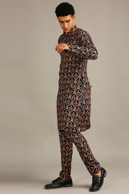 Black Ethnic folklore printed kurta set