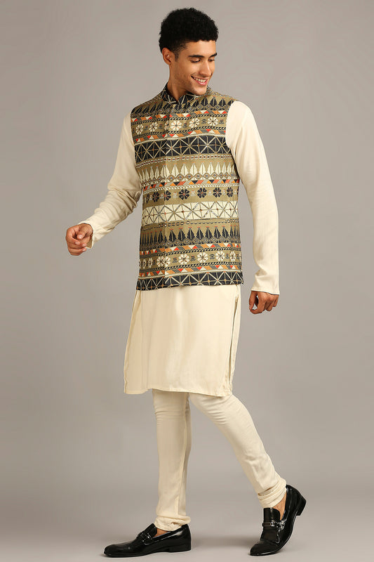 Beige Tiraz printed bundi with kurta set