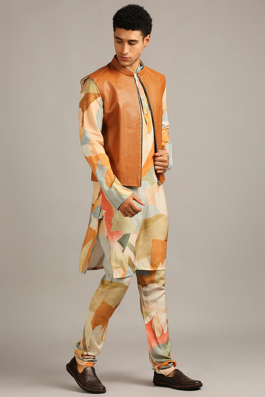Multi color Conversational printed bundi with kurta set