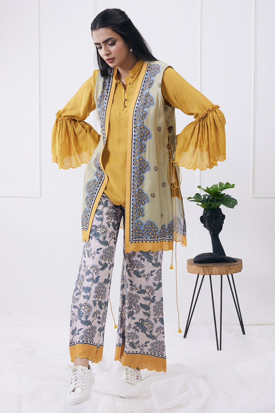 Yellow Yasmin Printed Co-Ord Set With Jacket