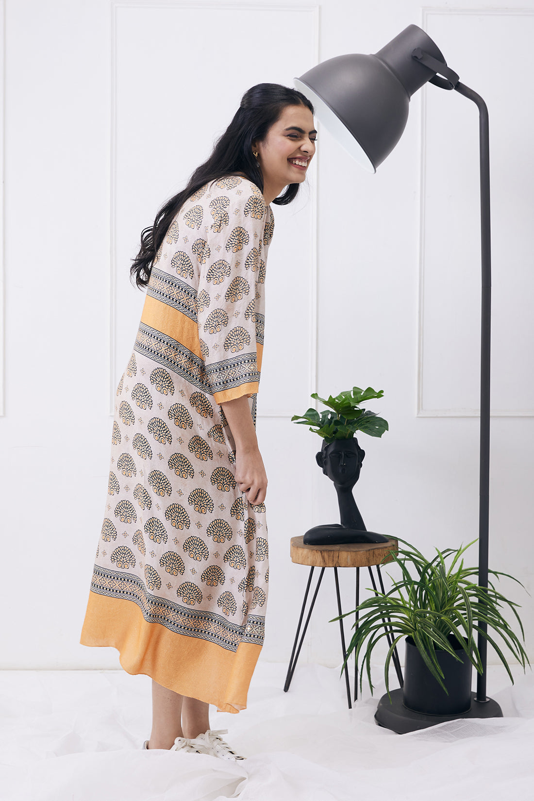 Beige Orange Ela Printed Boxy Dress