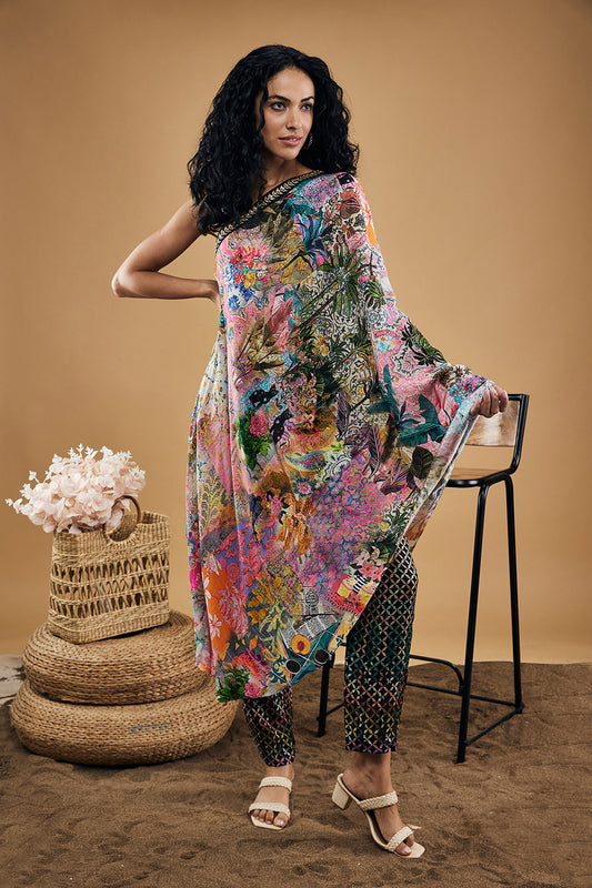 Tropical Twilight Printed One-Shoulder Kurta With Pants