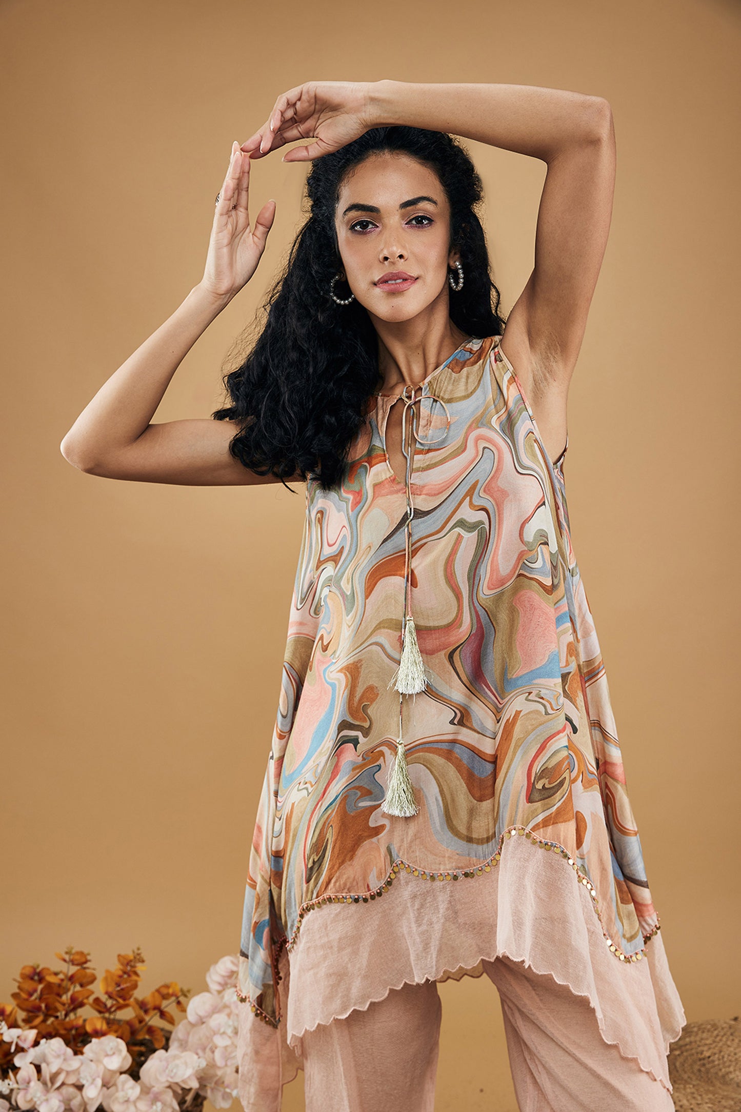 Marble Mosaic Embellished Top With Pants