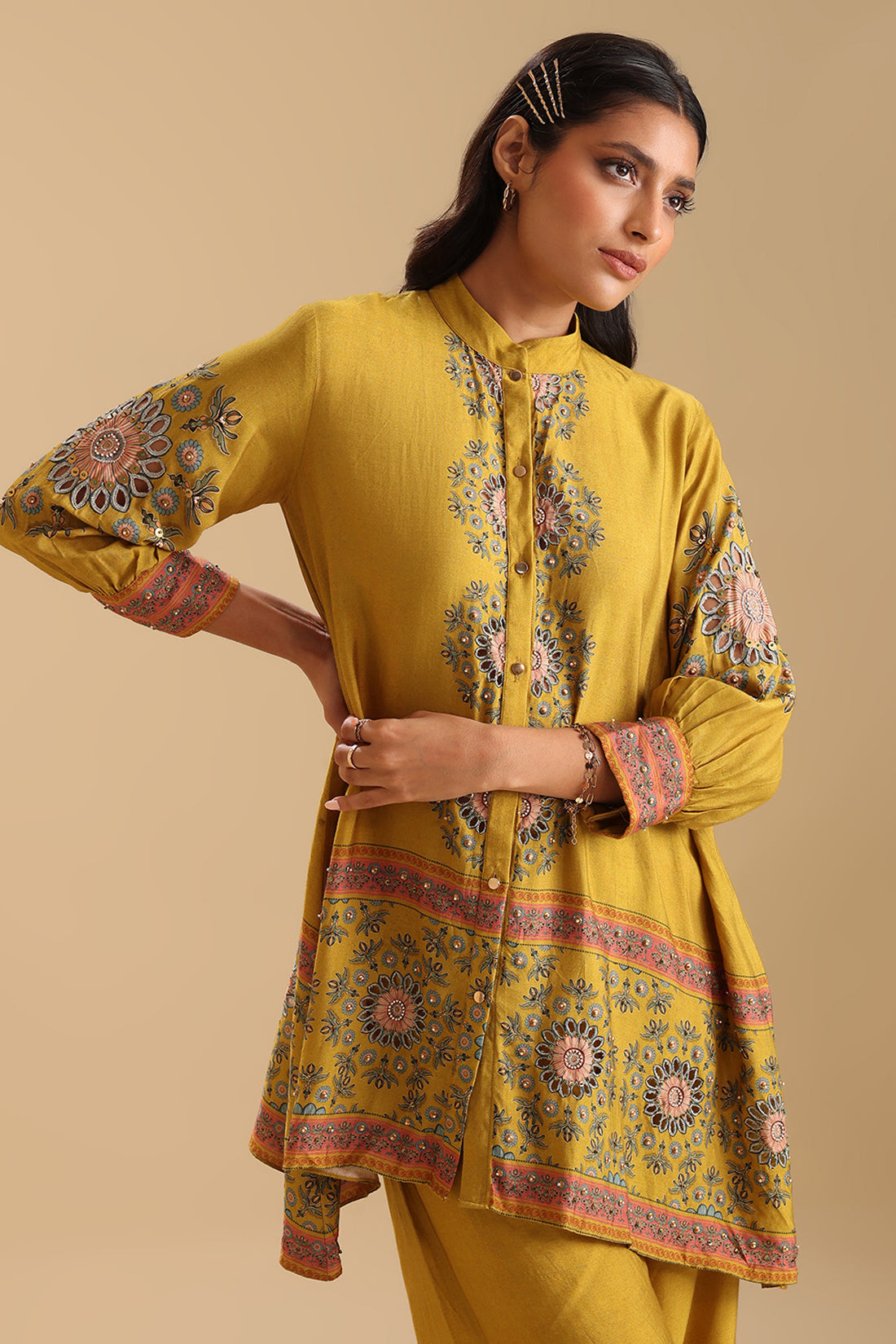 Eraya Yellow Embellished Co-Ord Set With Gathered Sleeves