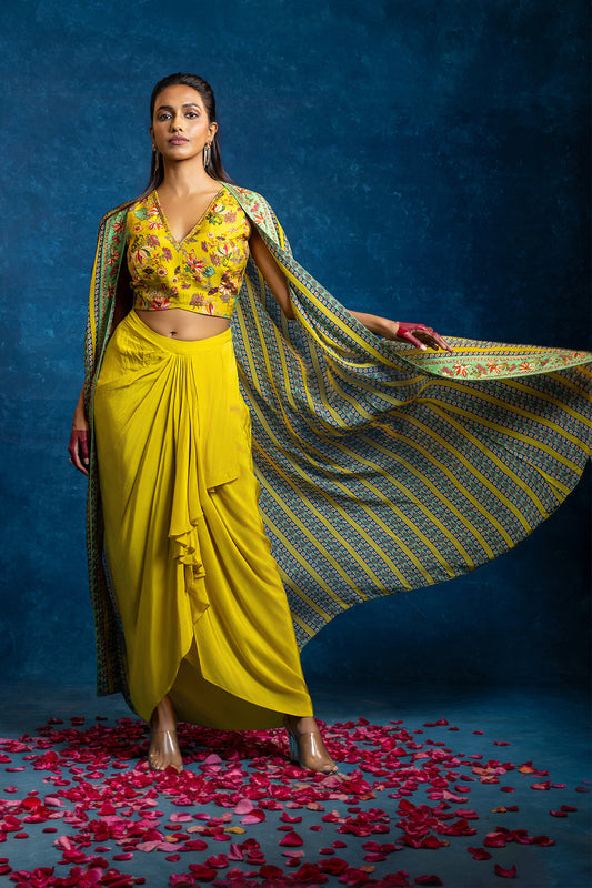 Aarani embellished drape skirt set with long cape