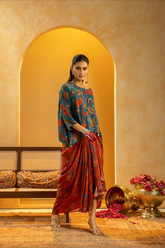 Rangtara embellished drape skirt set