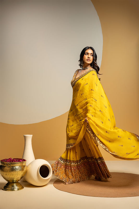 Taarani embellished pre-stitched saree set