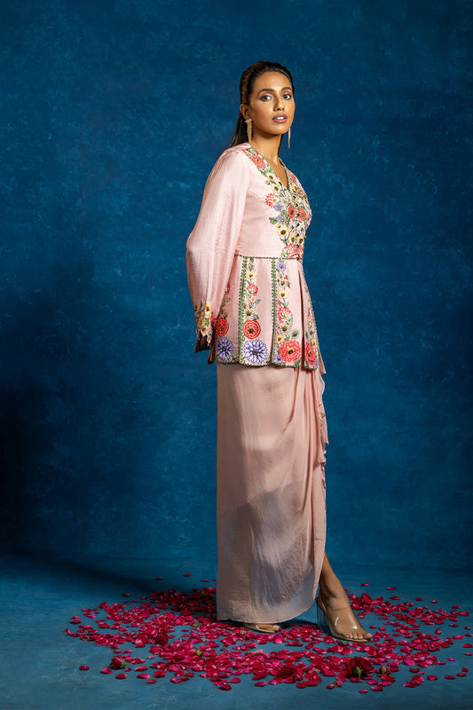 Baghira embellished panelled top with drape skirt