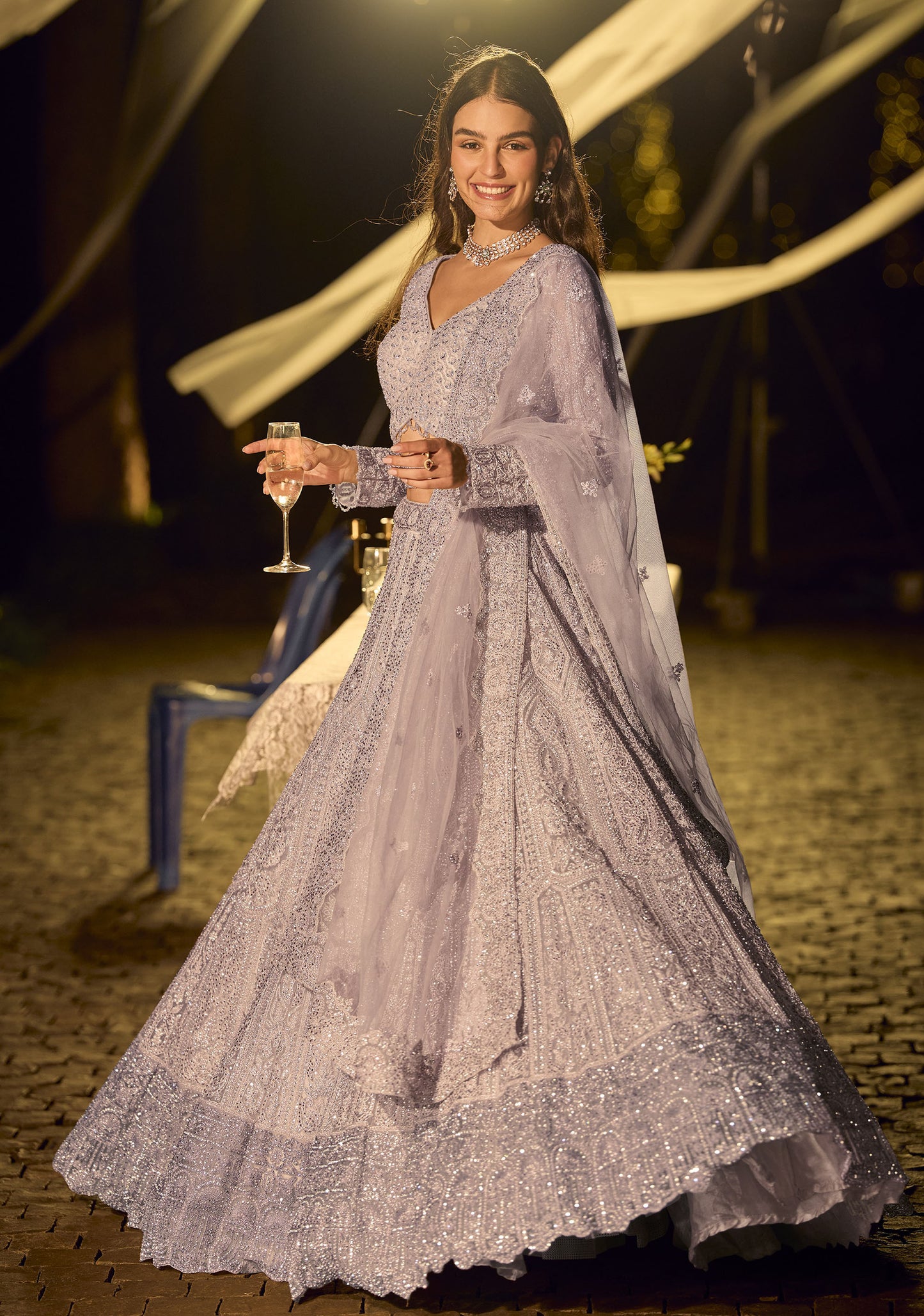 Lavender Net Hand Embroidered & Beads, Mirror Work Wedding Lehenga