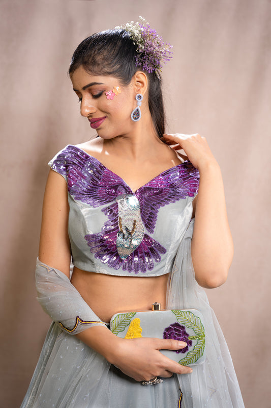 Ash Blue Velvet Sequins Embroidered Designer Flying Soul Bridal Lehenga