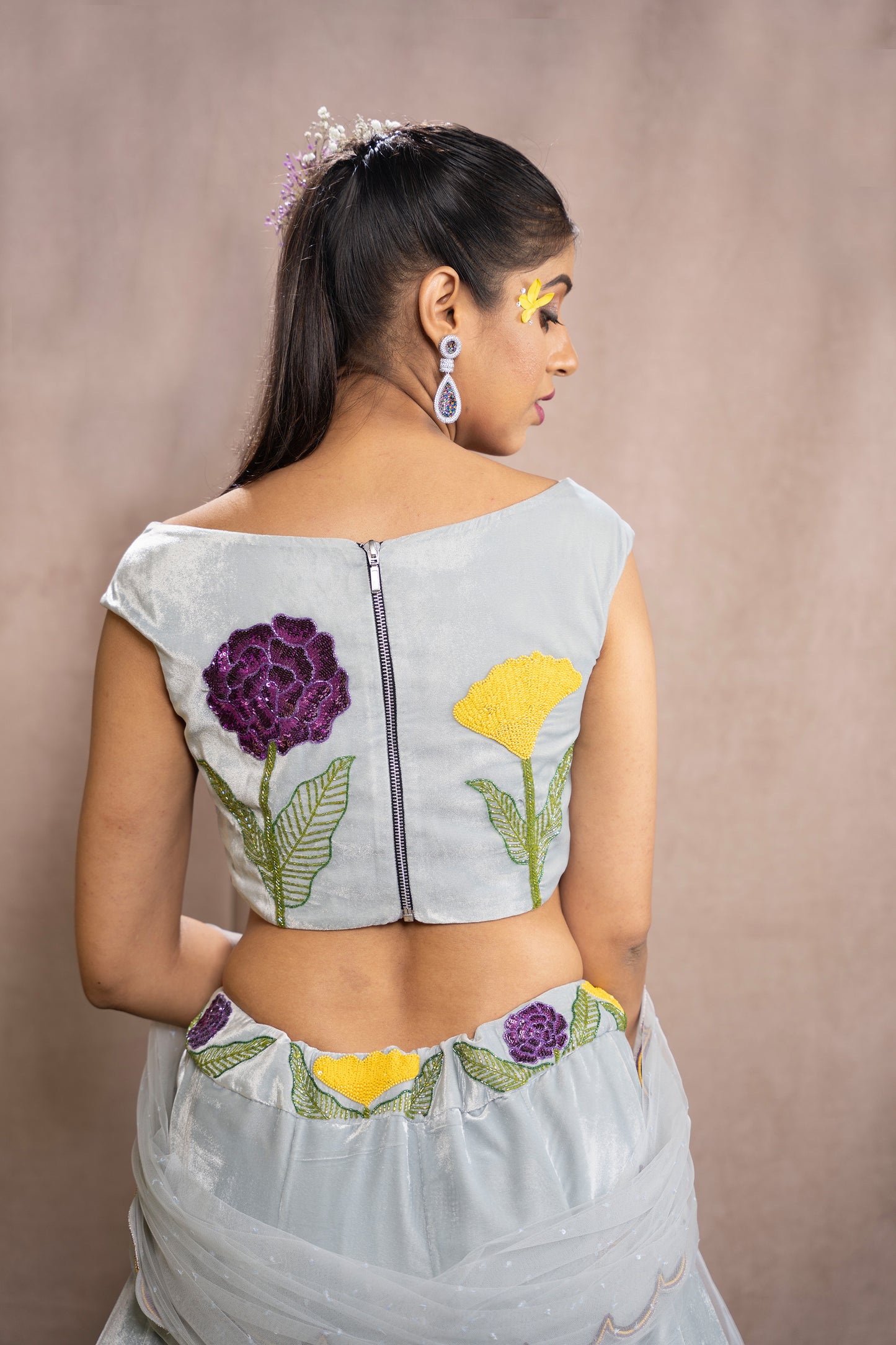 Ash Blue Velvet Sequins Embroidered Designer Flying Soul Bridal Lehenga