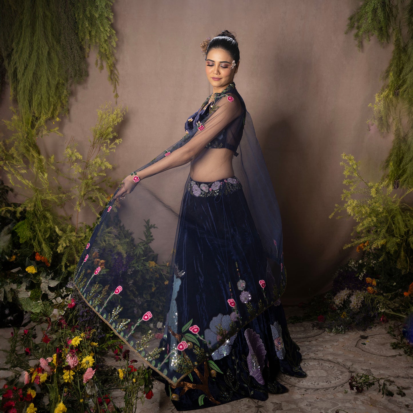 Navy Blue Velvet Hand Embroidered Designer Flying Soul Bridal Lehenga