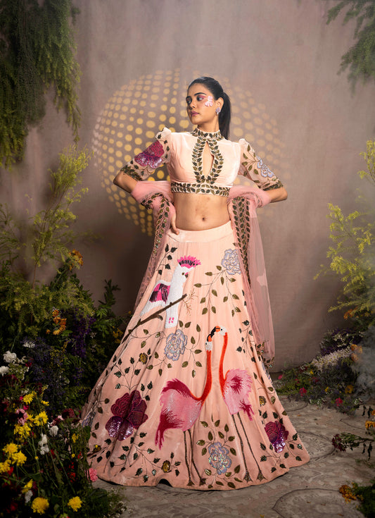 Peach Sequins Embroidered Designer Flying Soul Bridal Lehenga