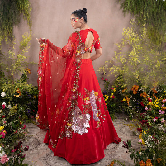 Red Hand Embroidered Designer Flying Soul Bridal Lehenga