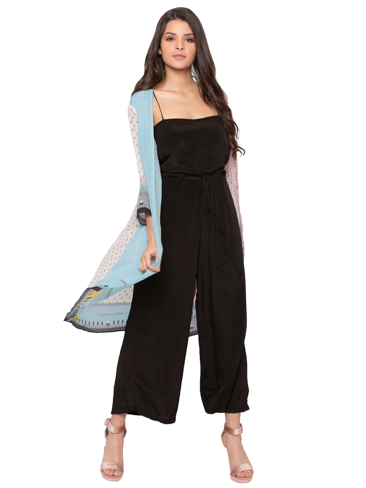 Tree Printed Jacket Paired With Plain Jumpsuit
