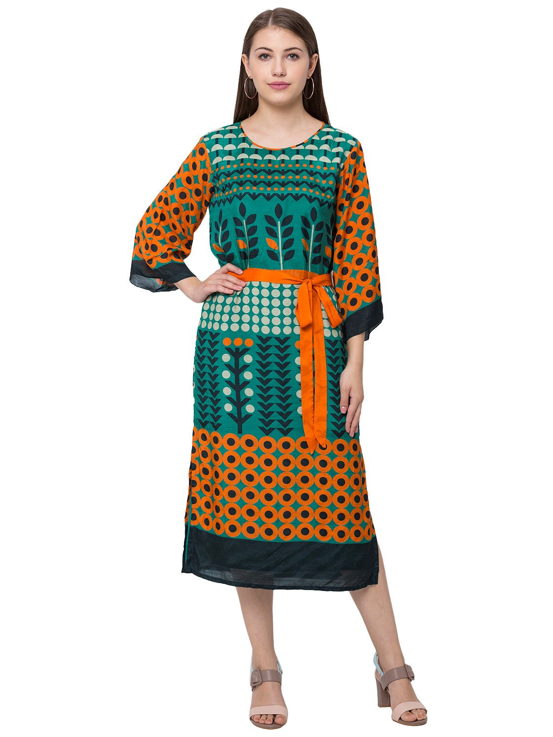 Tree Print Dress With Printed Belt