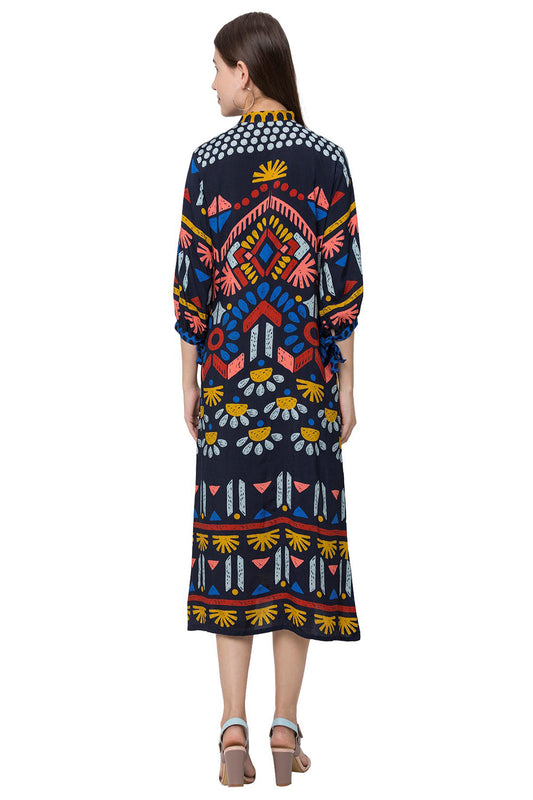 Abstract Floral Printed Dress With Neck And Sleeves Tie Up