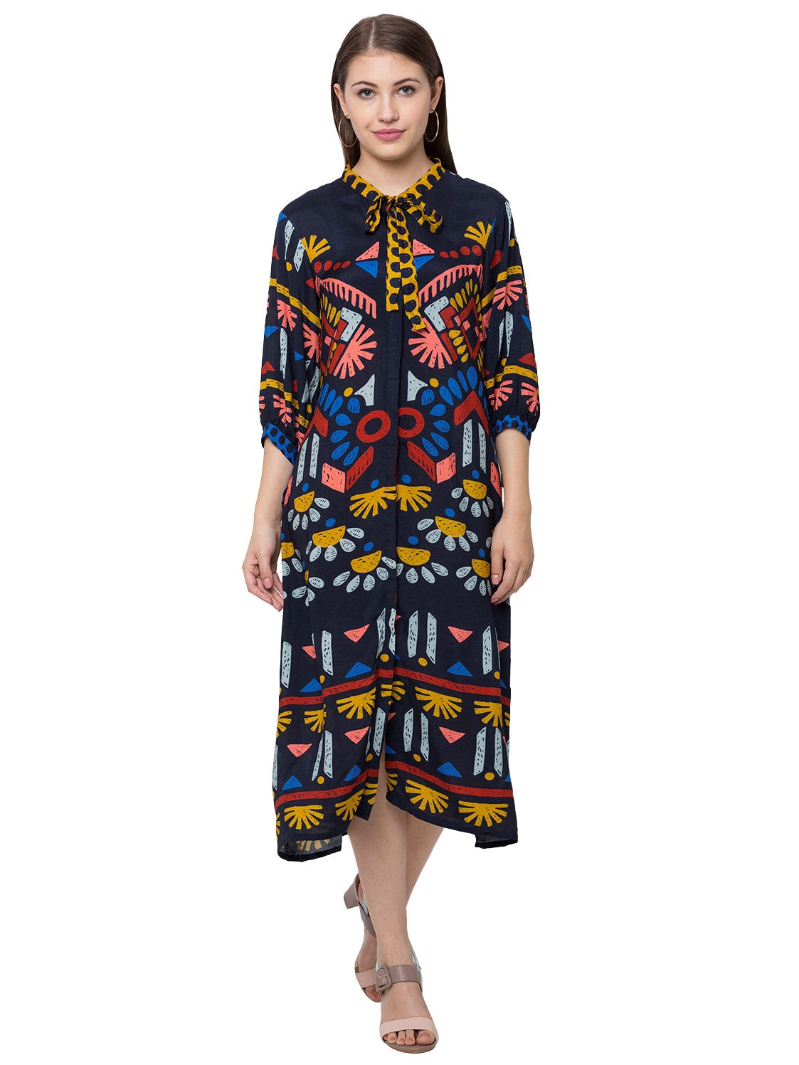 Abstract Floral Printed Dress With Neck And Sleeves Tie Up
