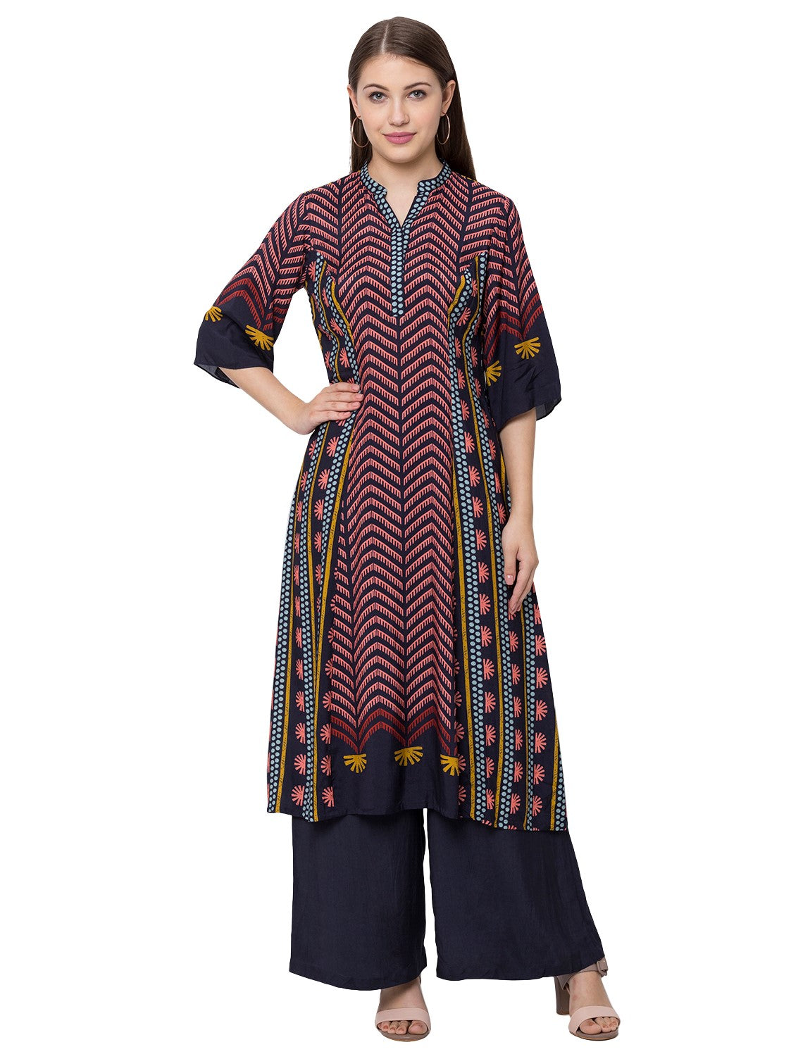Floral Printed Kurta With Plain Palazzo Pants