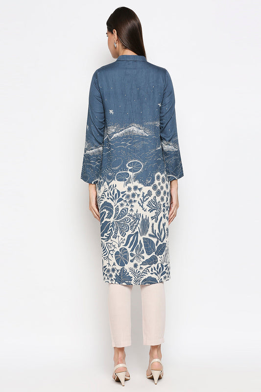 Floral Printed Cotton Twill Top Paired With Straight Pants