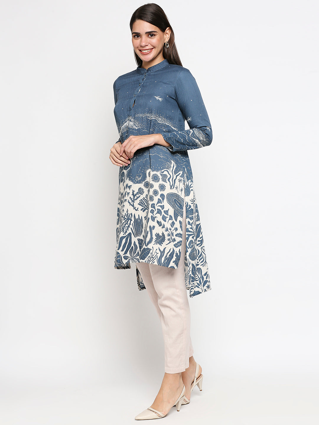 Floral Printed Cotton Twill Top Paired With Straight Pants