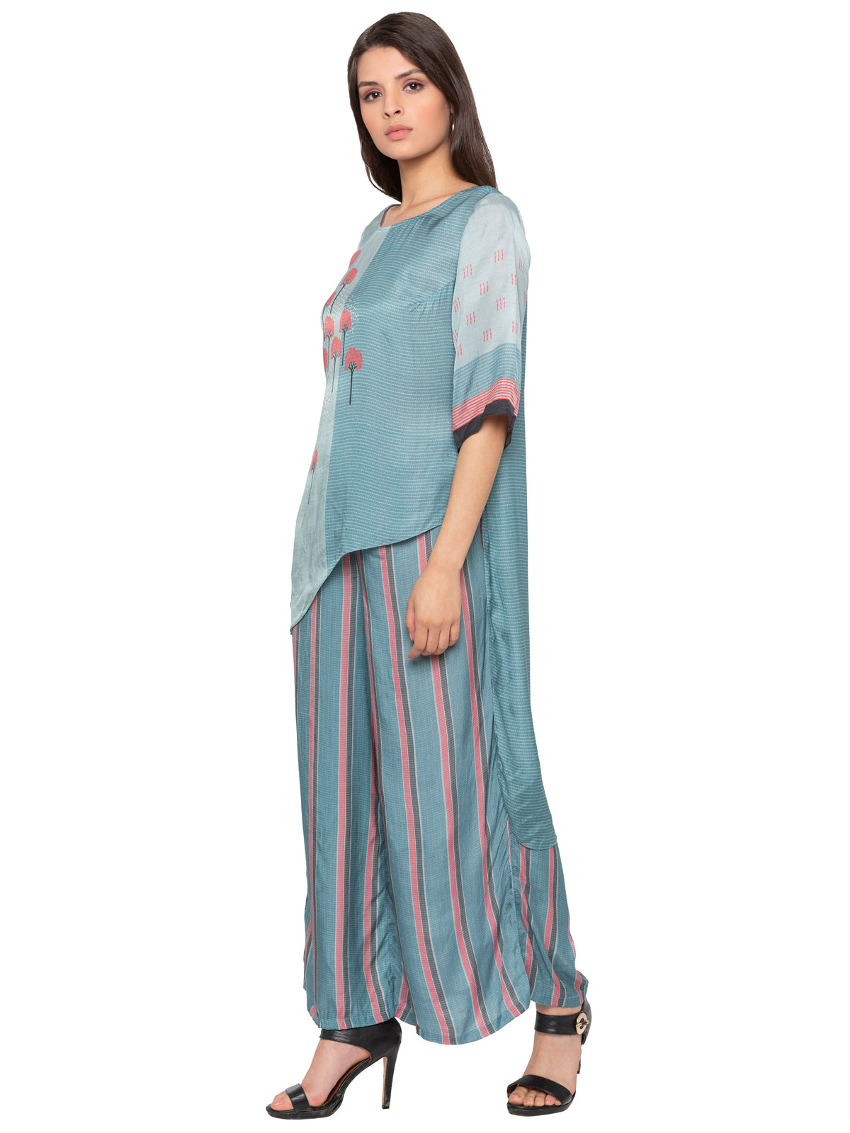 Tree Printed Asymetrical Top With Striped Pants