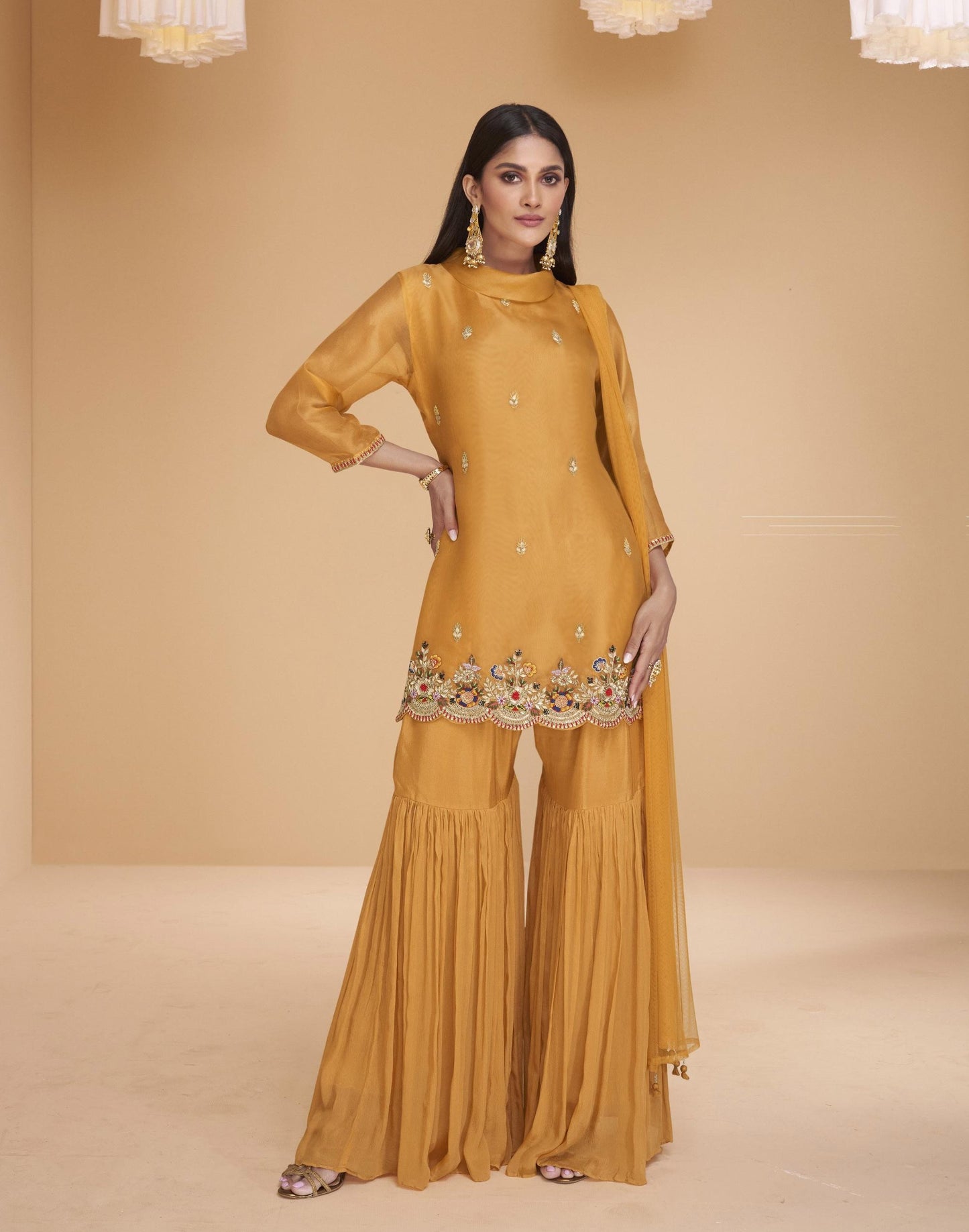 Yellow Color Embroidered Organza Sharara