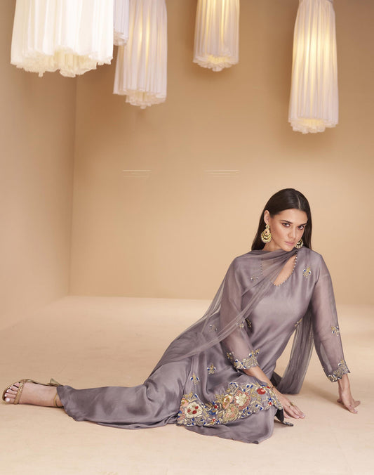Purple Color Embroidered Organza Sharara
