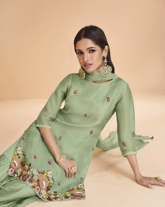 Green Color Embroidered Organza Sharara