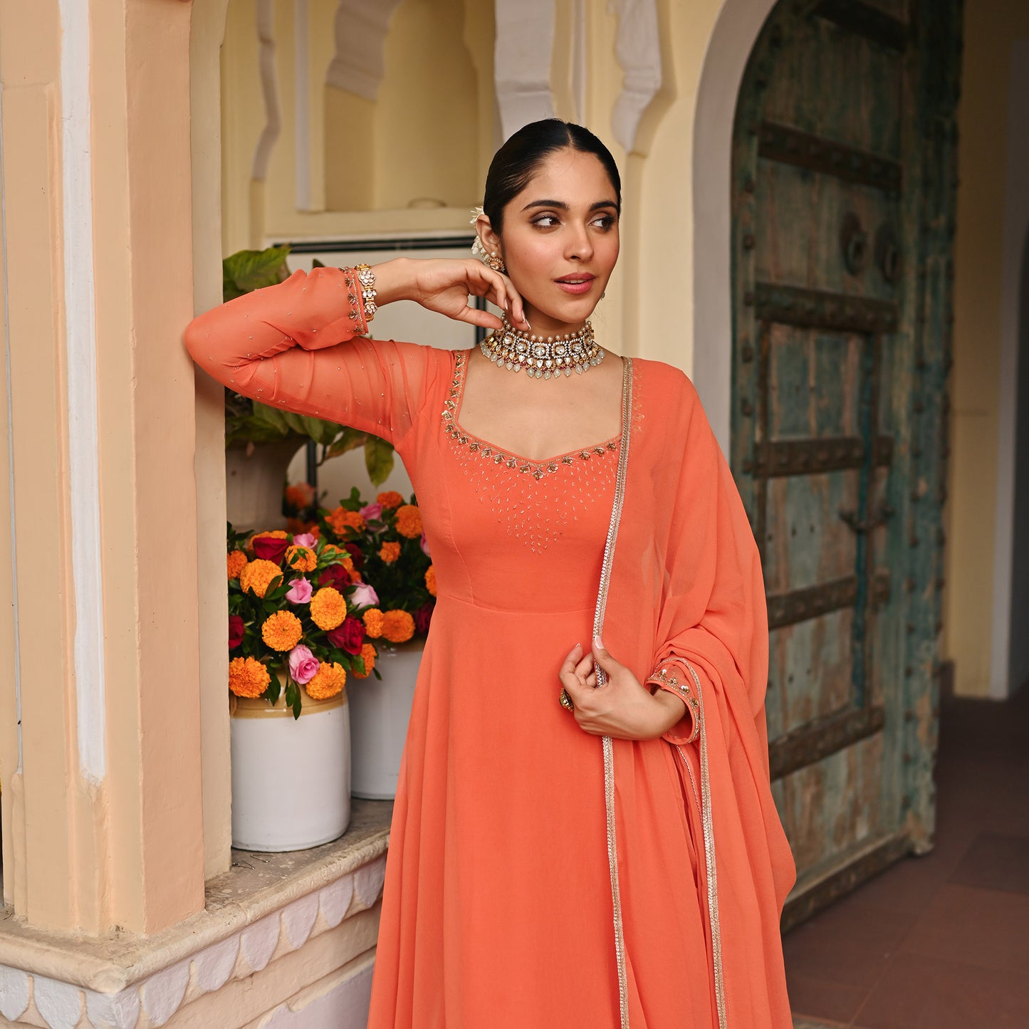 Coral Handwork Georgette Anarkali Set