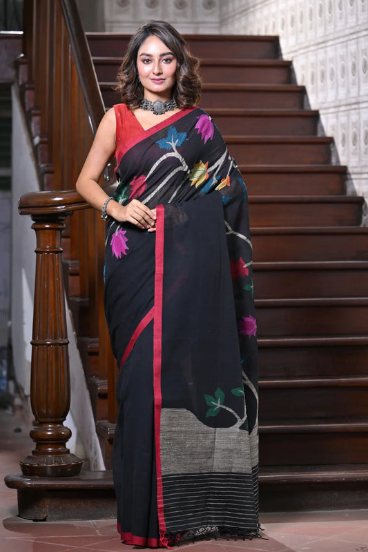 Handloom Black Soft Cotton Jamdani Saree With Multi Colour Floral Motifs