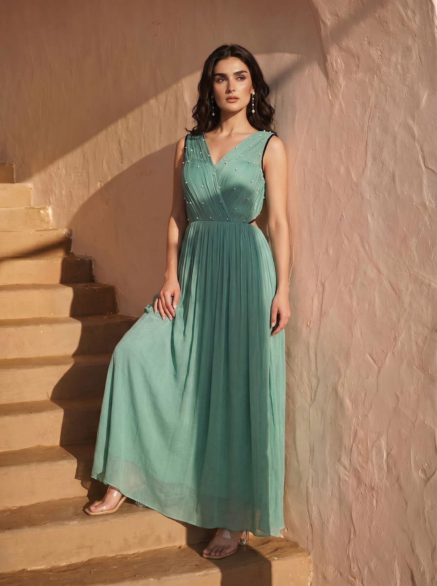 Sage Green Pearl Embellished Chinon Party Wear Maxi Dress