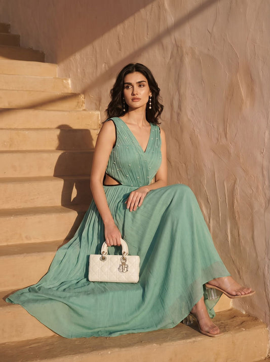 Sage Green Pearl Embellished Chinon Party Wear Maxi Dress