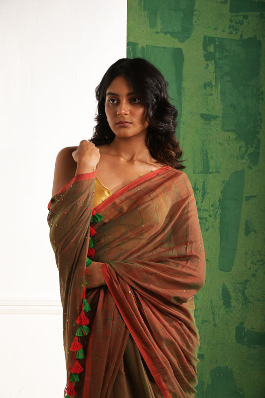 Saundhi Maati | Brown mul cotton saree with beaded sequins