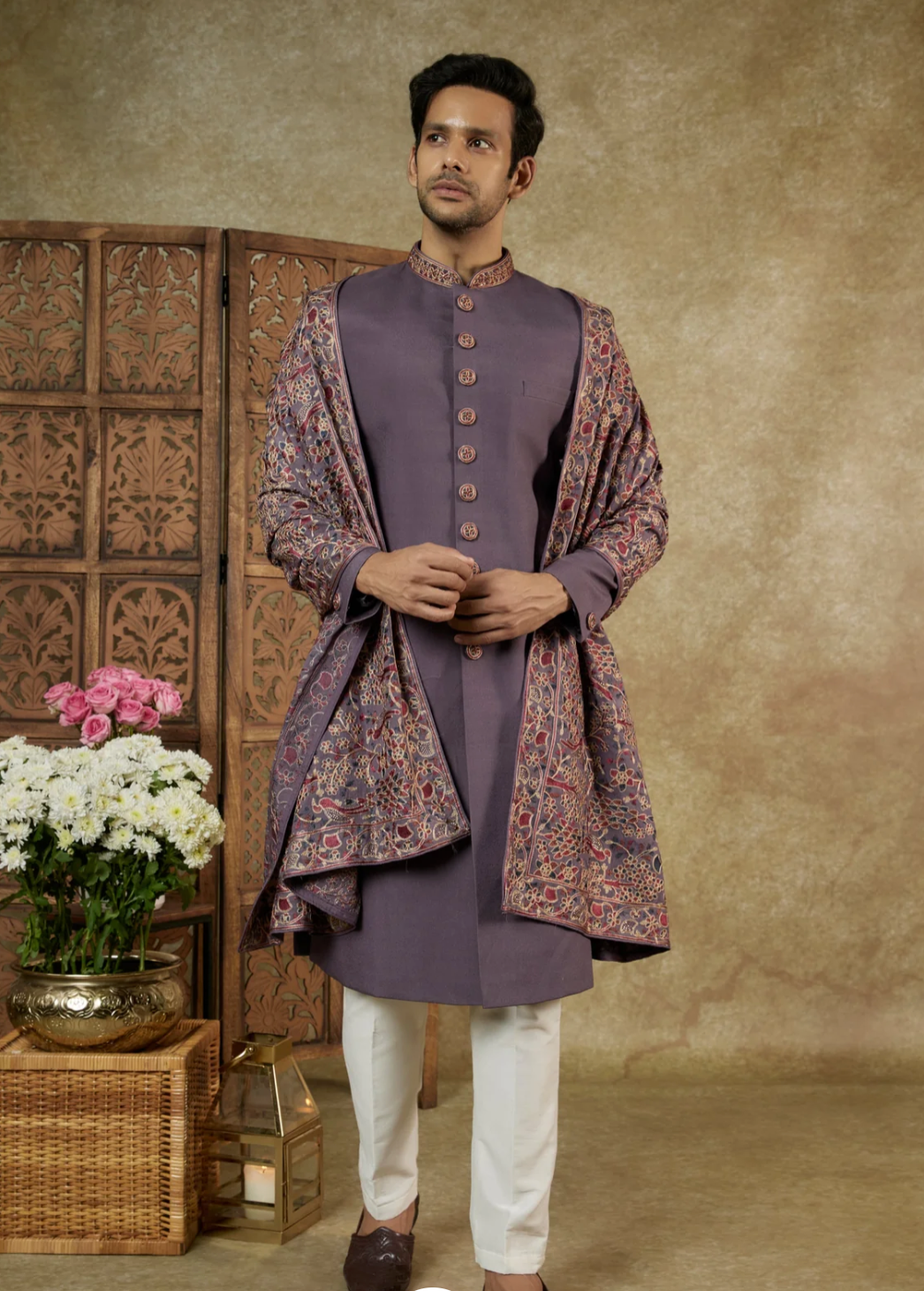 DEEP MAUVE NAWABI SILK HANDWORK SHERWANI SET - KIds 1 Year