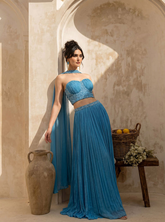 Sky-blue Corset Pure Chinnon Cutdana & Sequence Hand Work Party Wear pleated Skirt & Dupatta