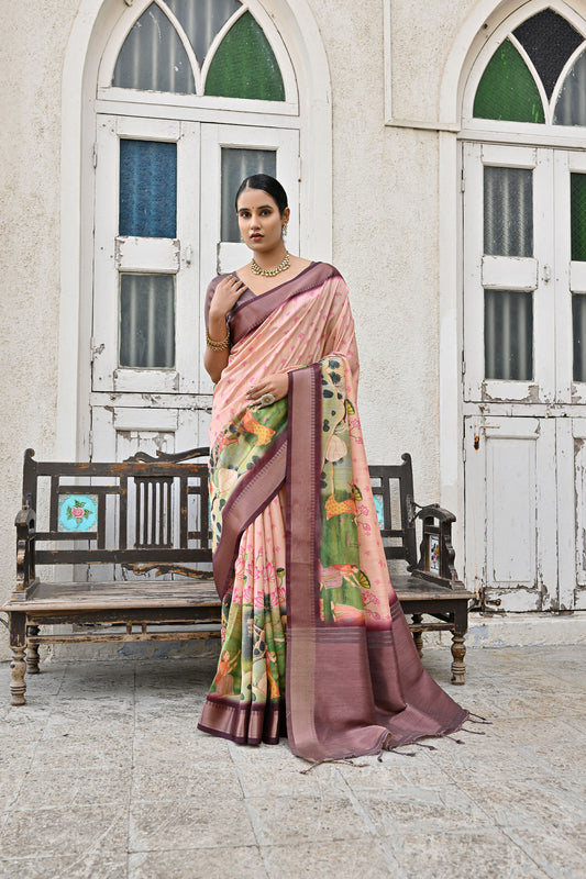 Tanika Peach Soft Tussar Silk Zari Woven Saree