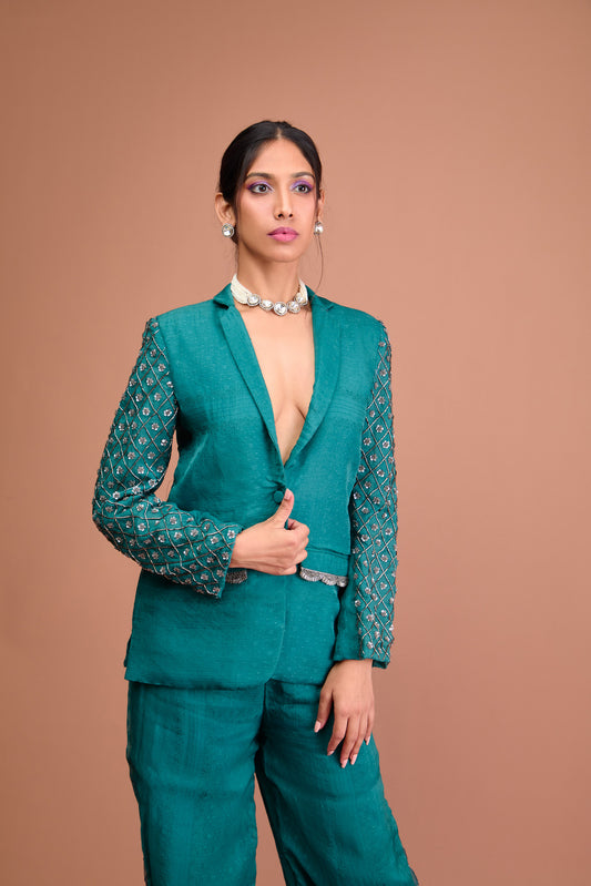 Turquoise Blue Organza jamdani indowestern blazer set