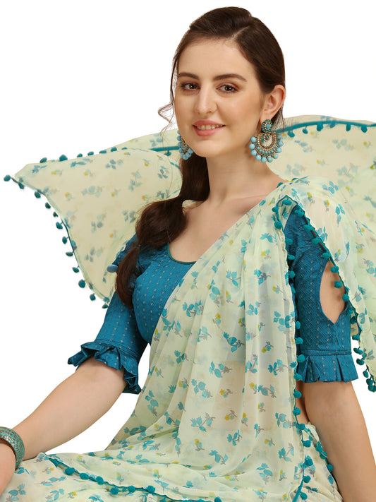 Green Floral Printed Georgette Saree With Pom Pom