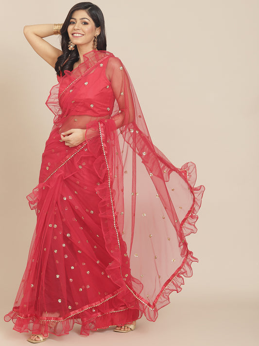 Red Sequins Embellished Ruffle Net Saree