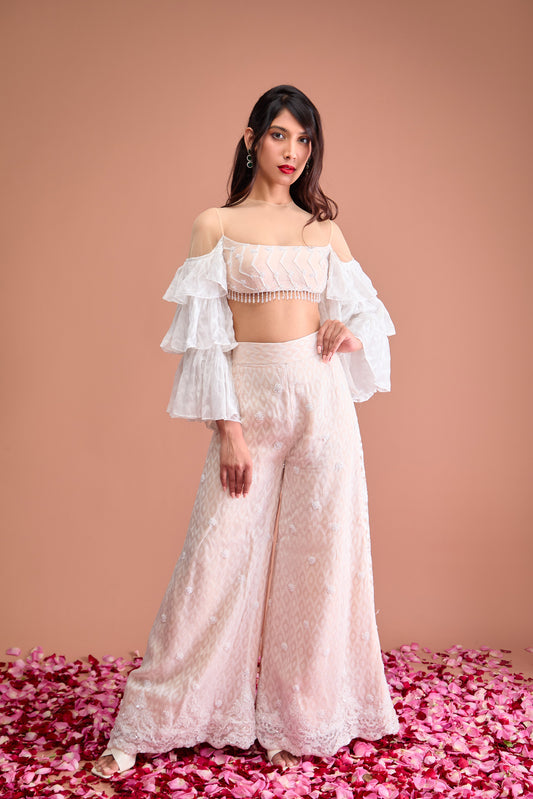 Cream Organza jamdani blouse and flared trouser Co-ord set