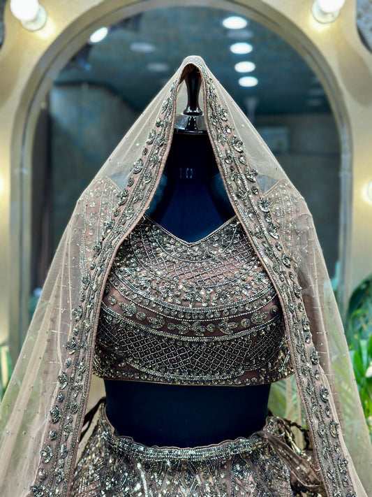Tan Net Hand Embroidered Pearl Work Bridal Lehenga
