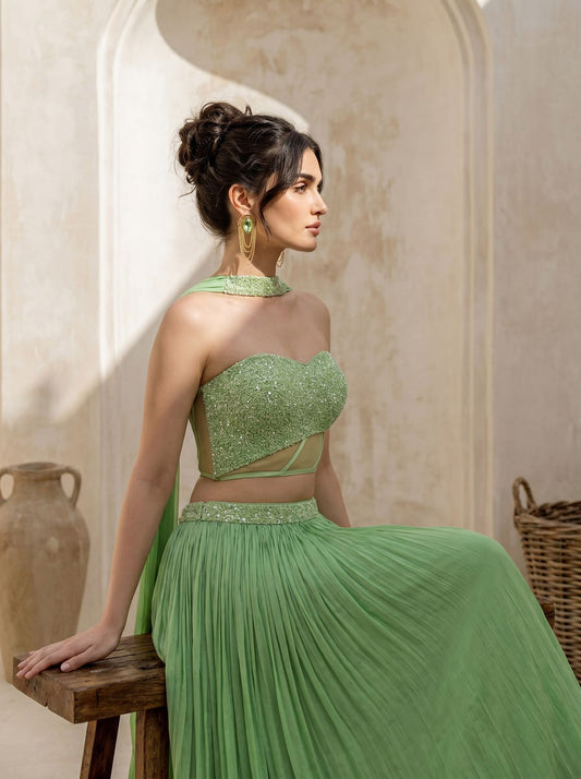 Tea-Green Corset Pure Chinnon Cutdana & Sequence Hand Work Party Wear pleated Skirt & Dupatta