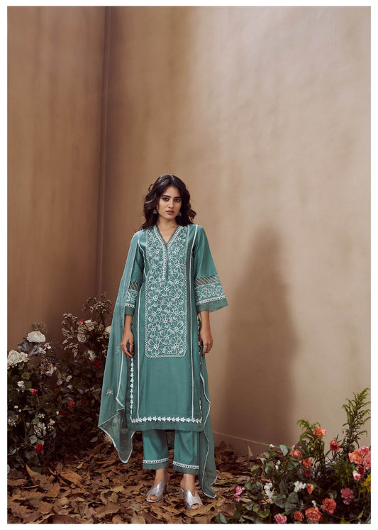 Blue and Green Cotton Silk Embroidered Straight Fit Kurta