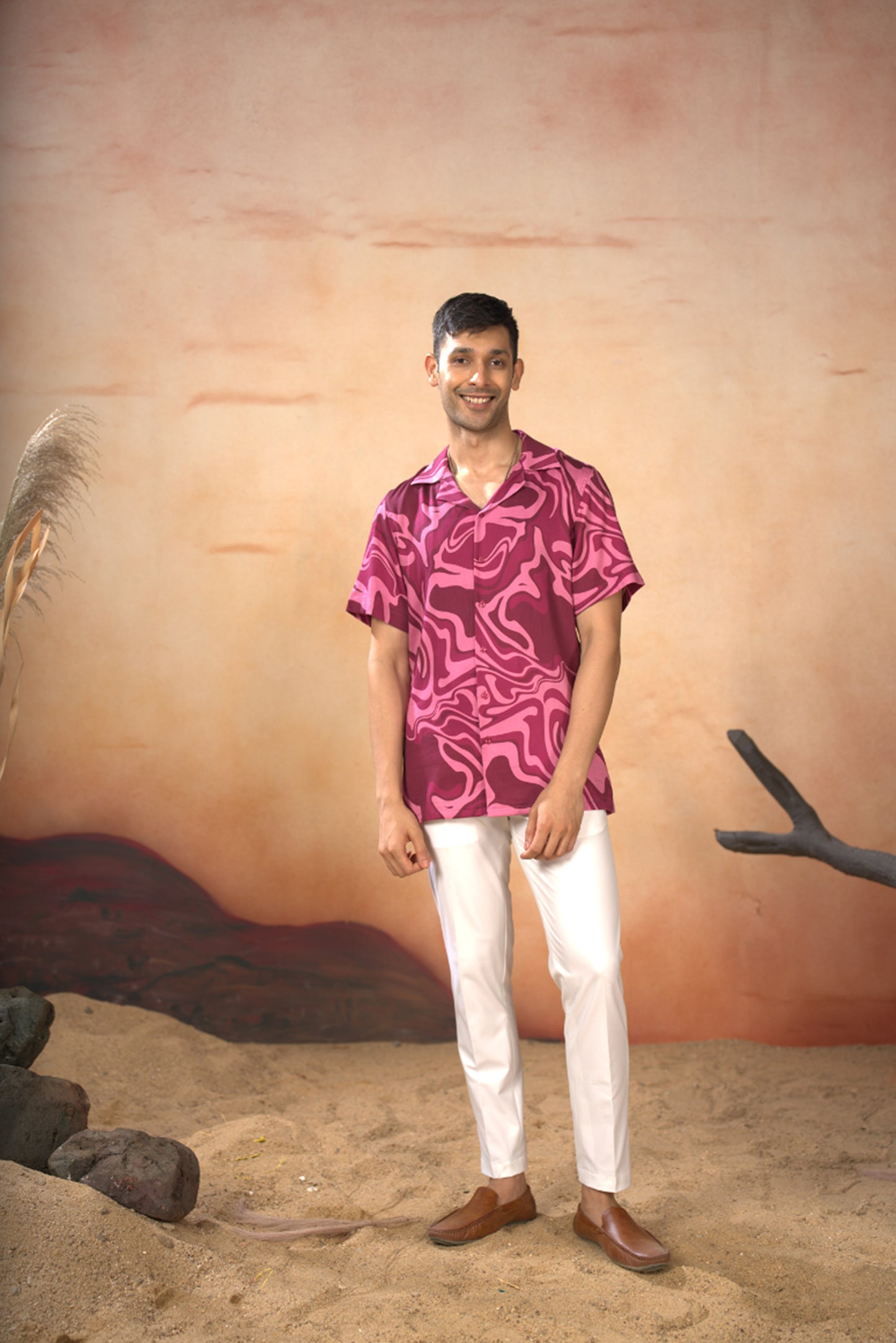 vibrant pink Cotton Satin Abstract Marble Print Cotton Shirt