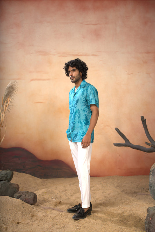 Blue Cotton Satin Breezy Leaves Print Cotton Shirt